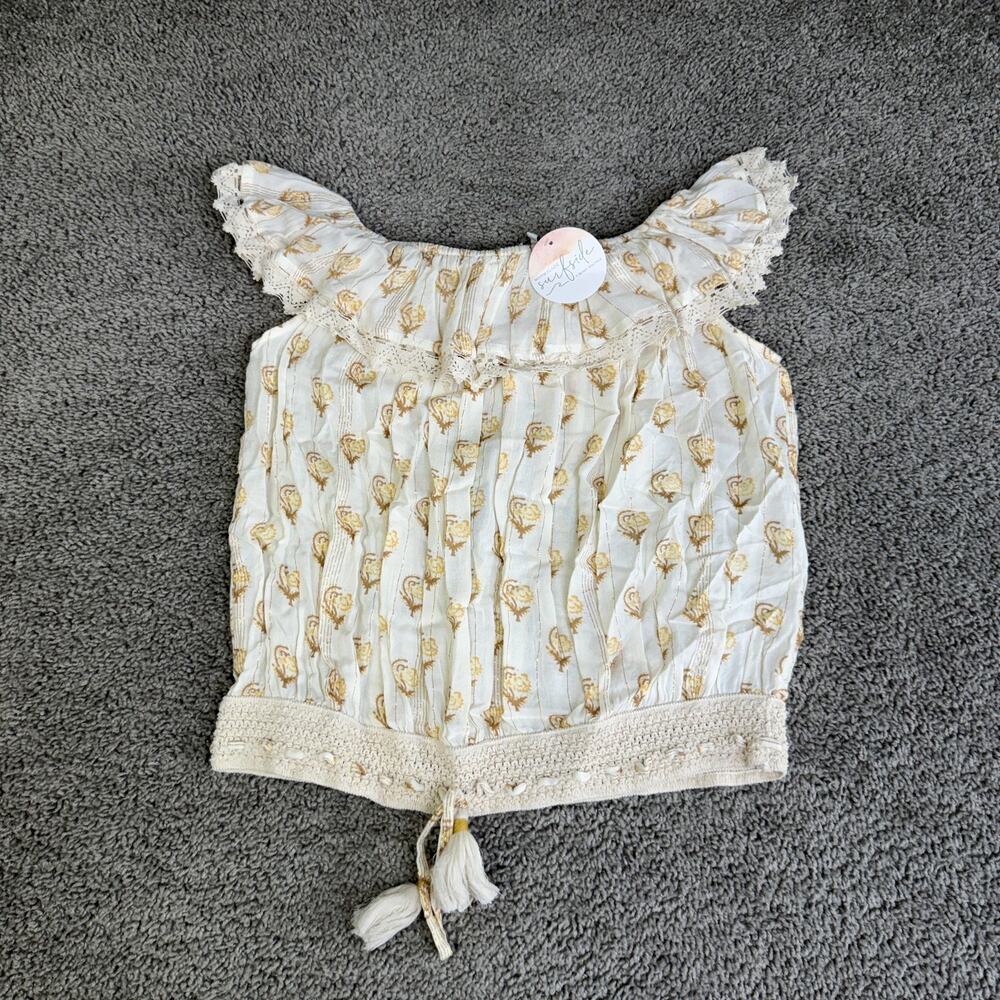 NJ Couture Blouse Womens M/L White Cropped Off Shoulder Ruffle Tassel Floral